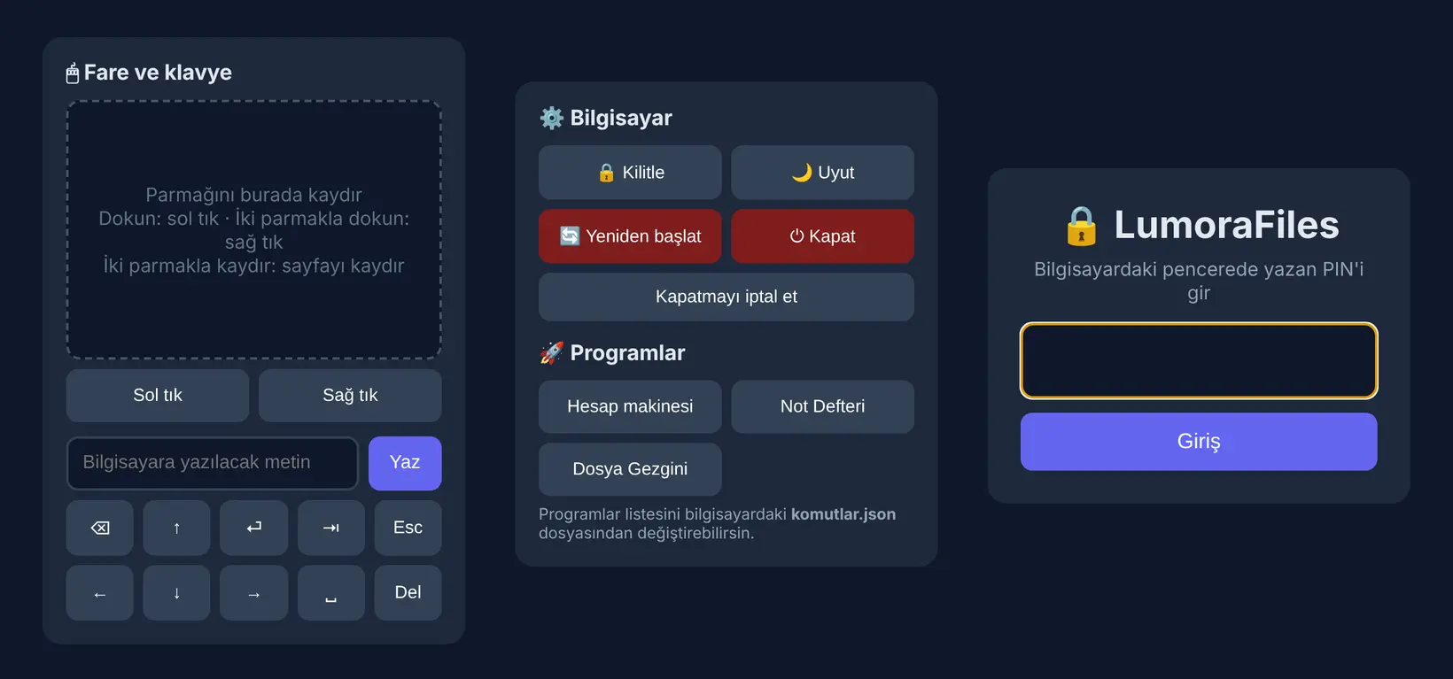 Fare ve klavye, bilgisayar komutları ve programlar, PIN ile giriş