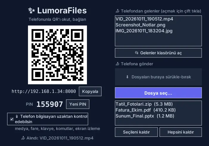 Bilgisayardaki pencere: QR kod, PIN, gelen ve gönderilen dosyalar