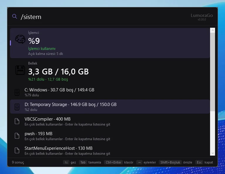/sistem: işlemci, bellek ve disk kartları, en çok bellek kullanan uygulamalar